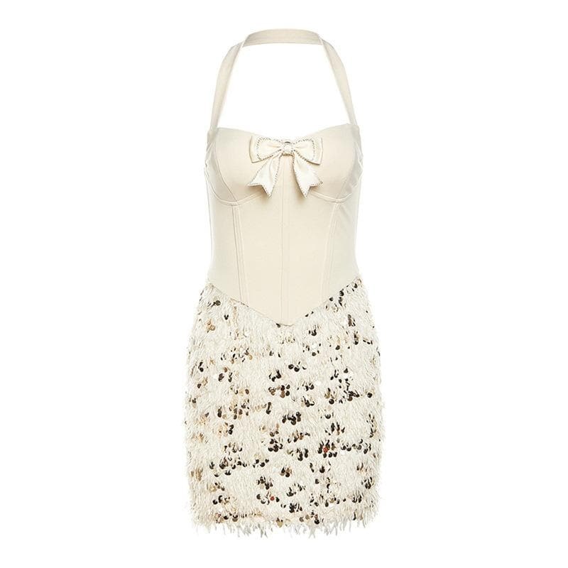 Glittery Halter Bowknot Bustier Mini Dress with Feather & Beaded Details - Y2K Aesthetic