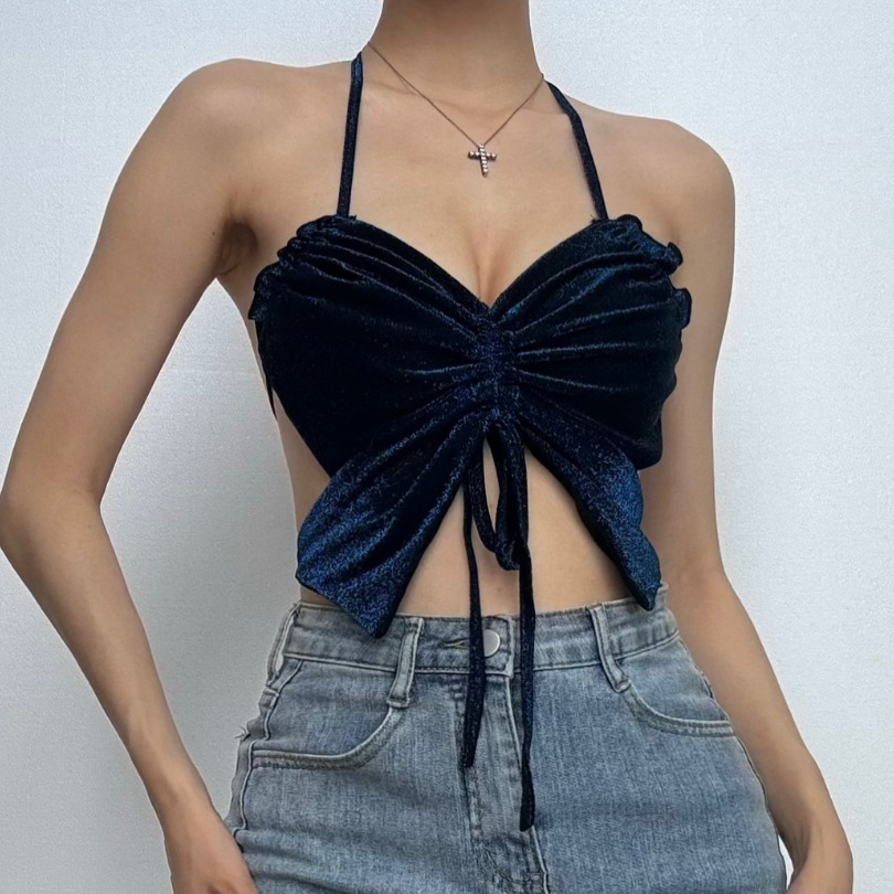Glittery Halter Ruched Cami Top - Y2K Aesthetic Cute Crop for Coquette & Grunge Styles