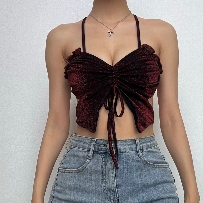 Glittery Halter Ruched Cami Top - Y2K Aesthetic Cute Crop for Coquette & Grunge Styles