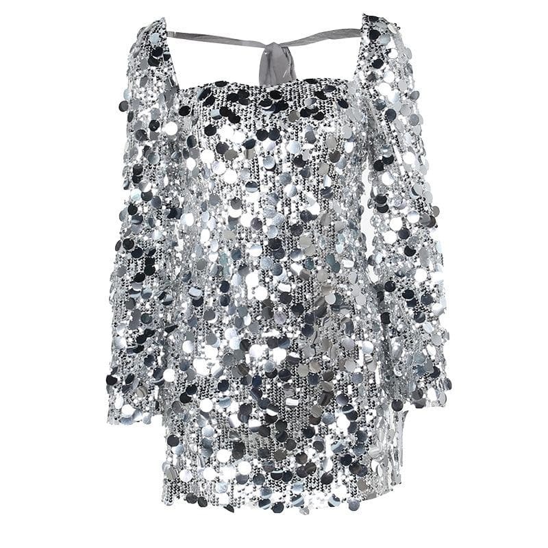Glittery Self-Tie Long Sleeve Backless Mini Dress - Y2K Aesthetic Party Outfit