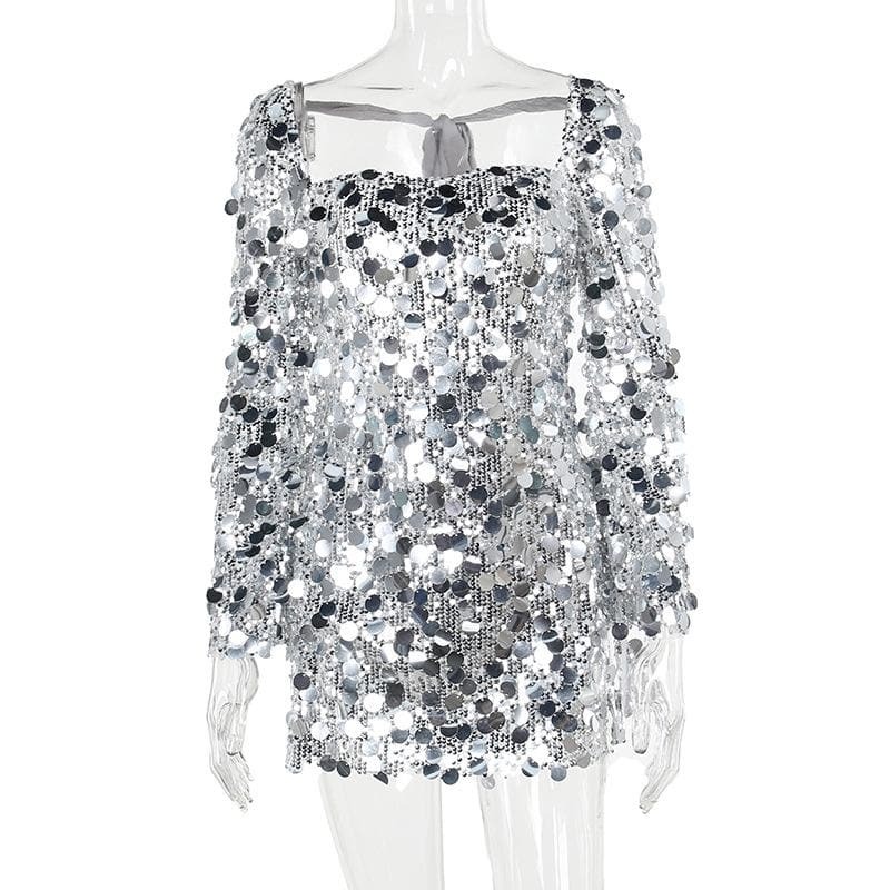 Glittery Self-Tie Long Sleeve Backless Mini Dress - Y2K Aesthetic Party Outfit