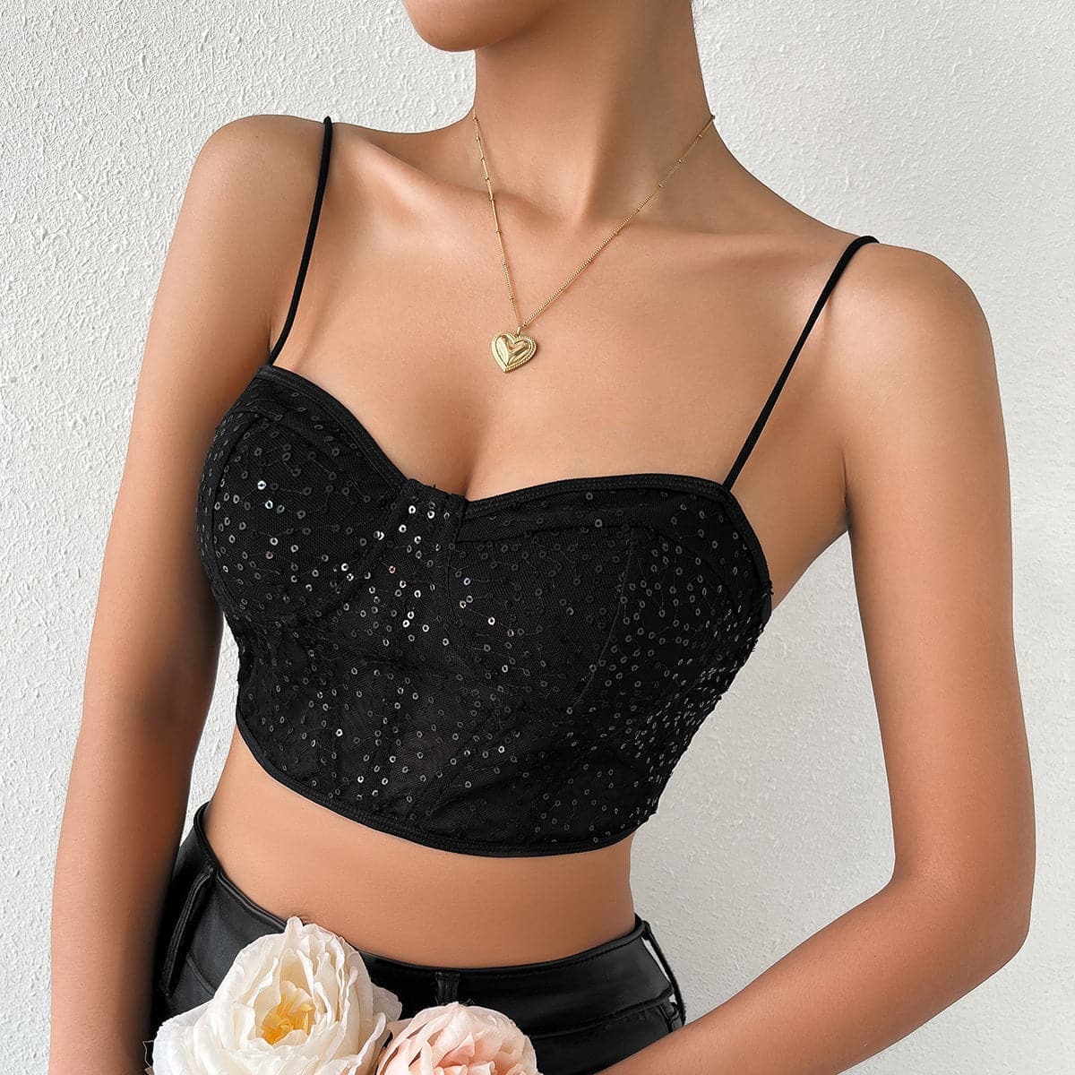 Glittery Spaghetti Strap Bustier Cami Top - Y2K Aesthetic Cute Crop for Coquette Style