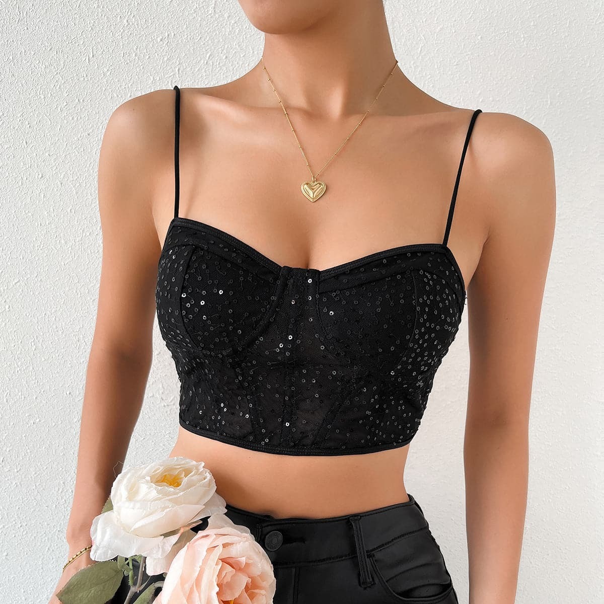 Glittery Spaghetti Strap Bustier Cami Top - Y2K Aesthetic Cute Crop for Coquette Style