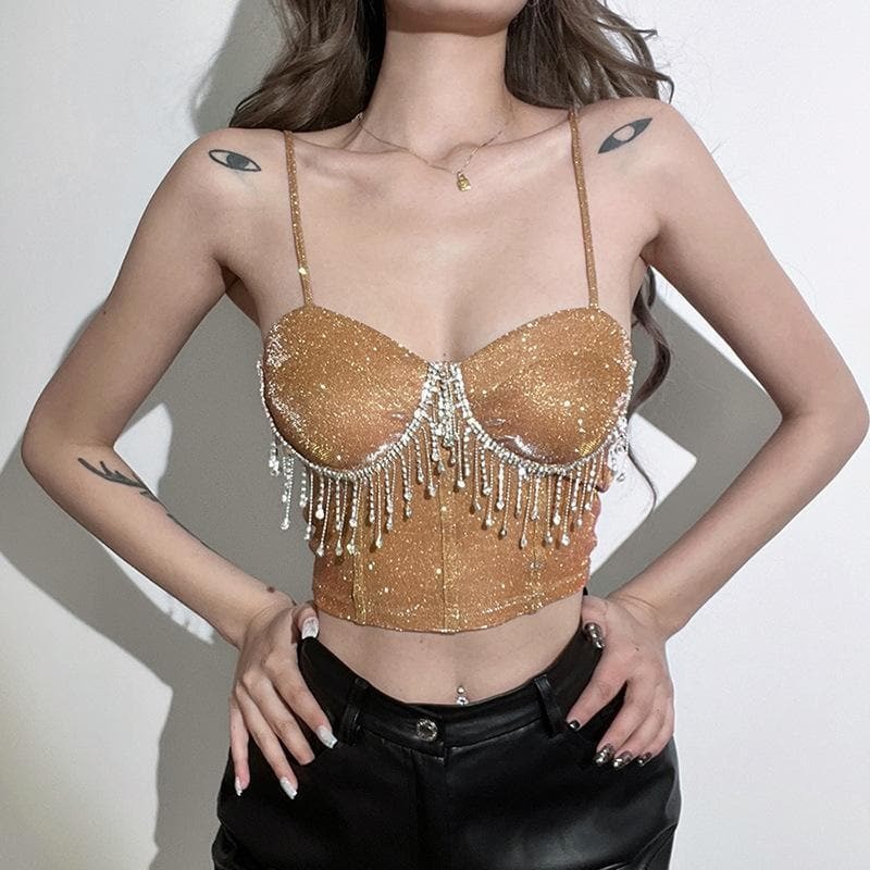 Glittery Tassel Heart Cami Crop Top - Y2K Aesthetic Cute Top for Coquette & Grunge Styles