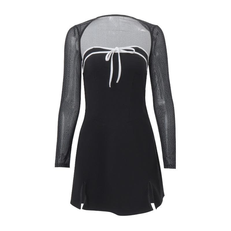 Glittery Y2K Bowknot Mesh Shrug & Slit Zip-Up Mini Dress - Coquette & Grunge Aesthetic
