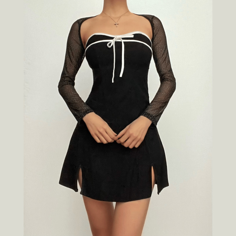 Glittery Y2K Bowknot Mesh Shrug & Slit Zip-Up Mini Dress - Coquette & Grunge Aesthetic
