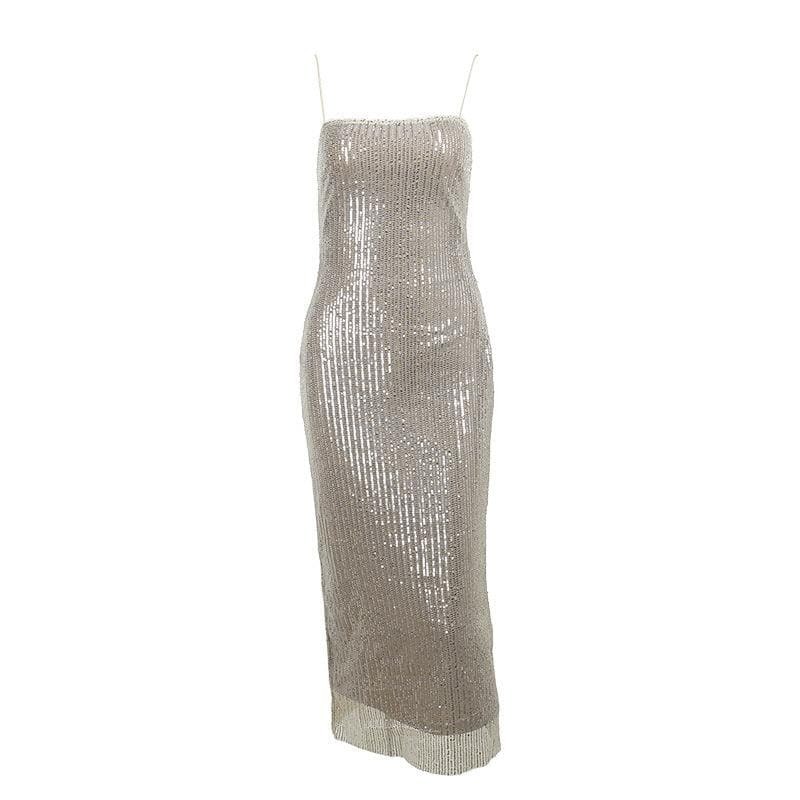 Glittery Y2K Spaghetti Strap Backless Midi Dress - Coquette & Grunge Aesthetic Fashion