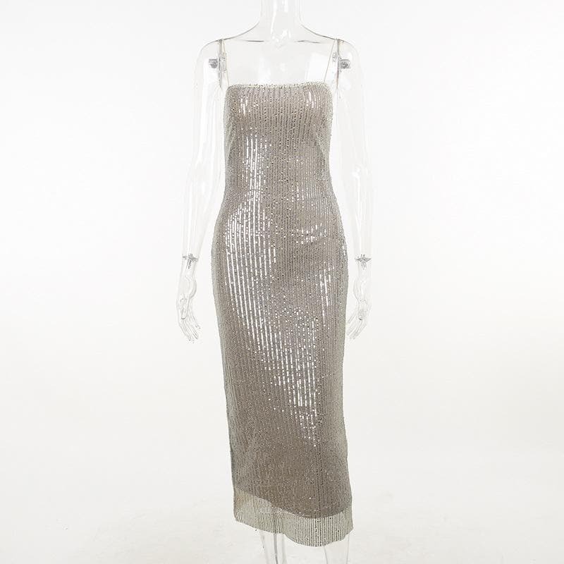 Glittery Y2K Spaghetti Strap Backless Midi Dress - Coquette & Grunge Aesthetic Fashion