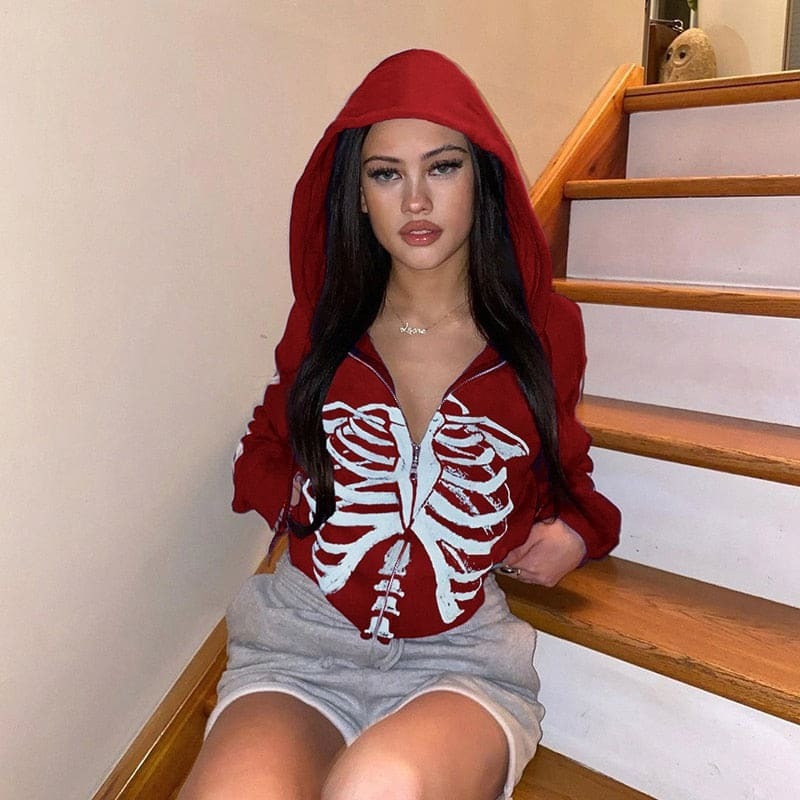 Goth Skeleton Print Zipper Up Hoodie - Y2K Grunge Aesthetic, Cute Comfy Layering Top