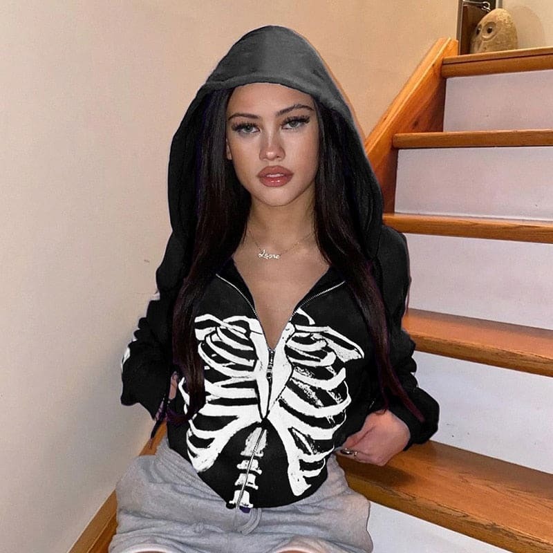 Goth Skeleton Print Zipper Up Hoodie - Y2K Grunge Aesthetic, Cute Comfy Layering Top