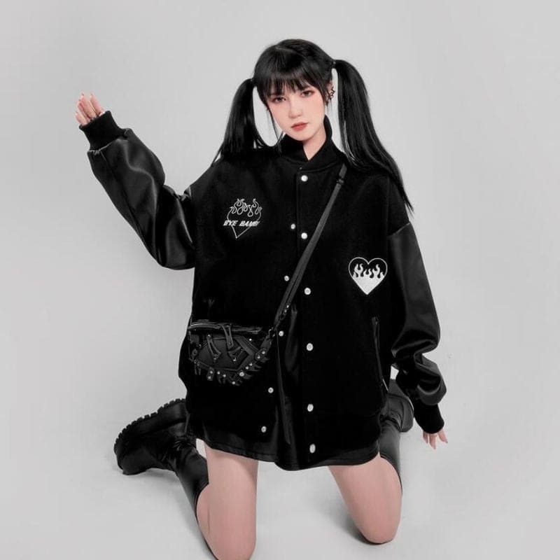 Gothic Black Baseball Jacket - Y2K Grunge Aesthetic, Coquette Style, Vintage Vibes