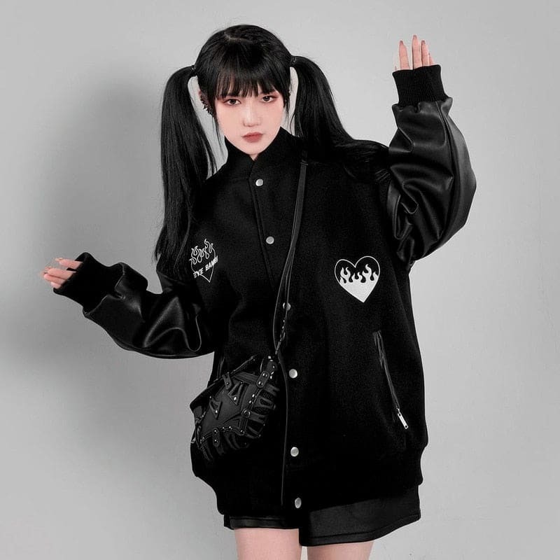 Gothic Black Baseball Jacket - Y2K Grunge Aesthetic, Coquette Style, Vintage Vibes