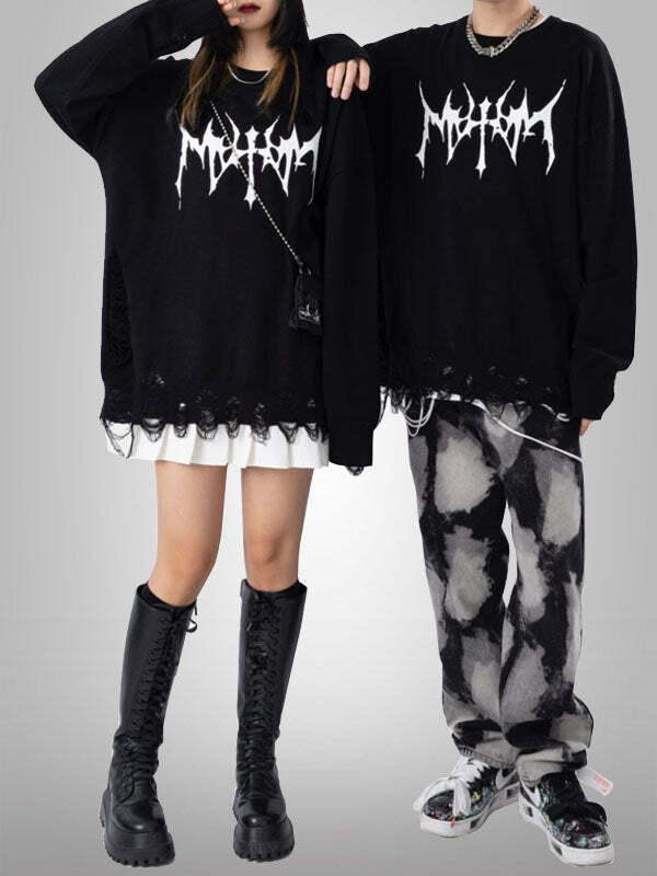 Gothic Black Knitted Sweater - Y2K Grunge Aesthetic, Cozy Layer for Dark Academia Style