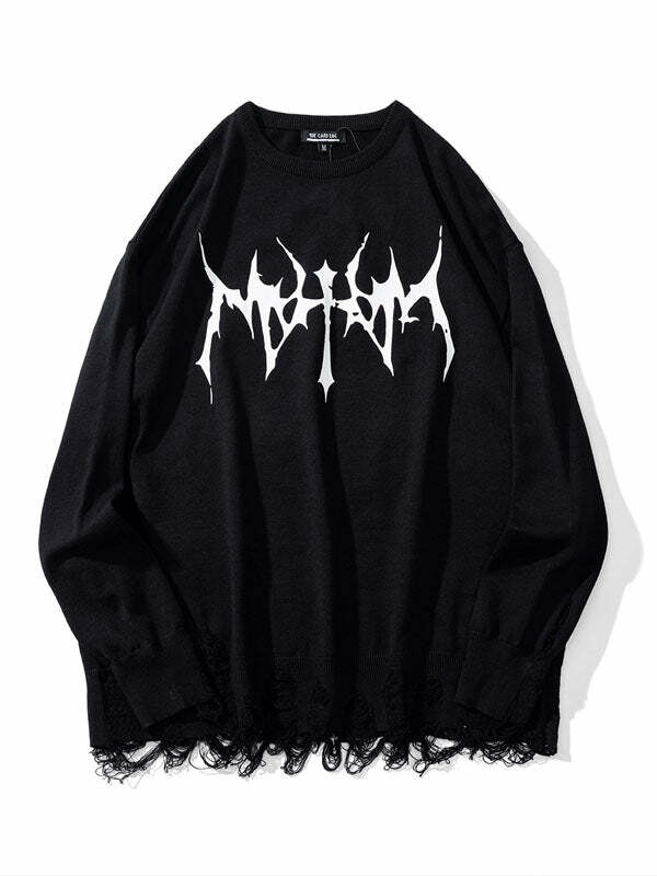 Gothic Black Knitted Sweater - Y2K Grunge Aesthetic, Cozy Layer for Dark Academia Style