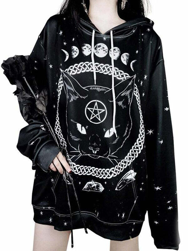 Gothic Cat Y2K Street Hoodie - Grunge Aesthetic, Cute & Comfy, Perfect for Coquette Style