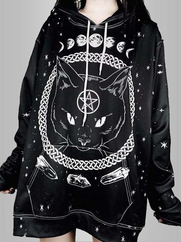 Gothic Cat Y2K Street Hoodie - Grunge Aesthetic, Cute & Comfy, Perfect for Coquette Style