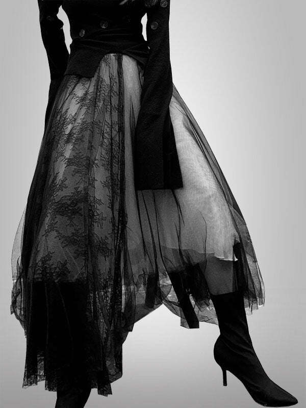 Gothic Chic Lace Mesh Skirt - Y2K Grunge Aesthetic, Coquette Style, Cute Layered Look