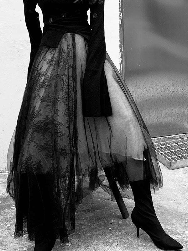 Gothic Chic Lace Mesh Skirt - Y2K Grunge Aesthetic, Coquette Style, Cute Layered Look