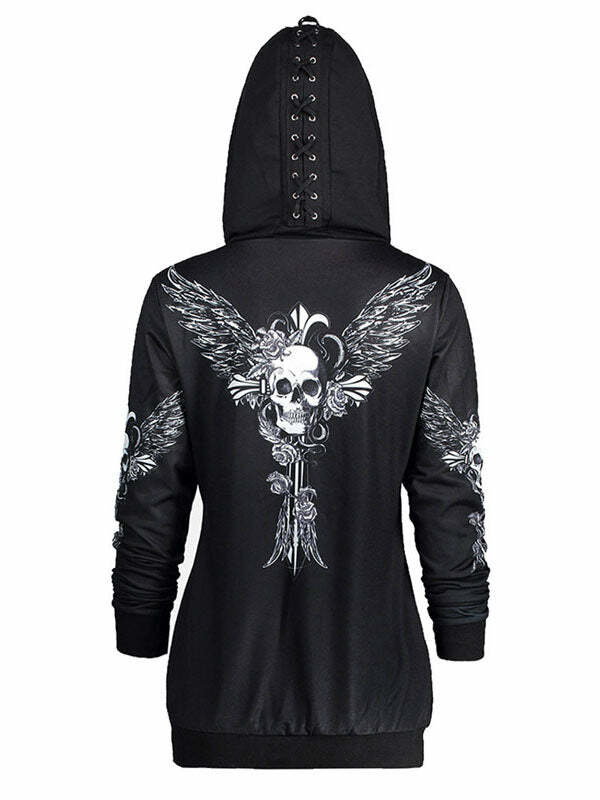 Gothic Dark Devil Wing Zipper Hoodie - Y2K Grunge Aesthetic, Comfy Cute Top for Edgy Style