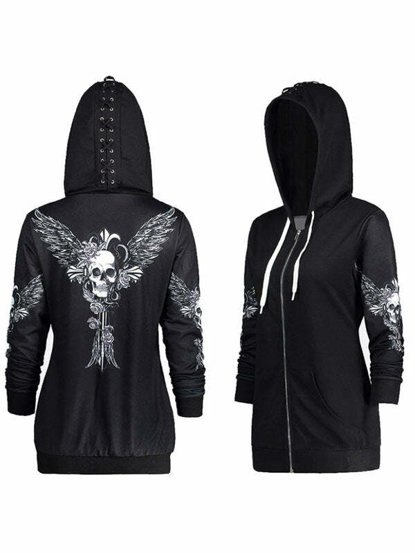 Gothic Dark Devil Wing Zipper Hoodie - Y2K Grunge Aesthetic, Comfy Cute Top for Edgy Style
