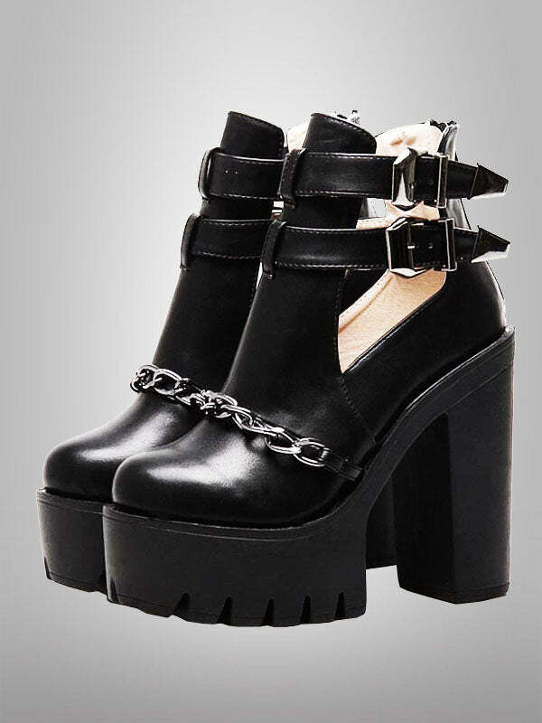 Gothic High Heel Shoes with Chain Design - Y2K Grunge Aesthetic Footwear for Edgy Style