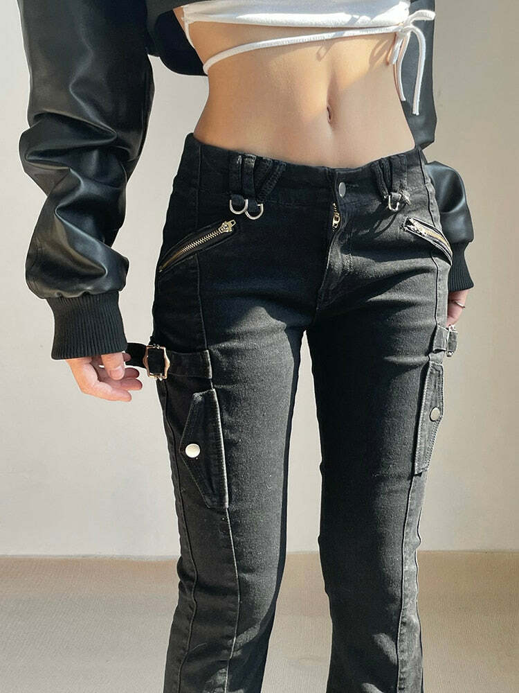 Gothic Punk Buckle Flare Jeans - Y2K Grunge Aesthetic, Edgy Style, Vintage-Inspired Fashion