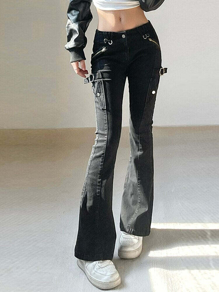 Gothic Punk Buckle Flare Jeans - Y2K Grunge Aesthetic, Edgy Style, Vintage-Inspired Fashion