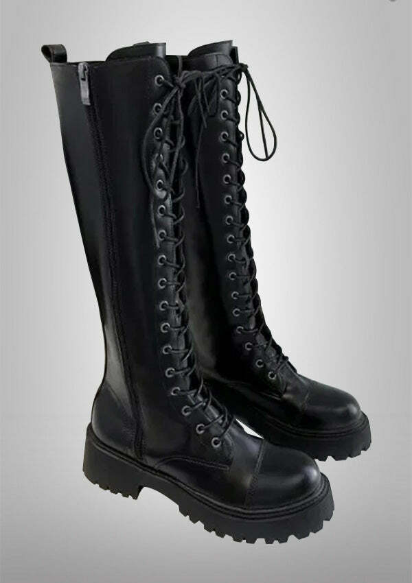 Gothic Punk Lace-Up Knee Combat Boots for Y2K, Grunge, and Coquette Aesthetic Styles