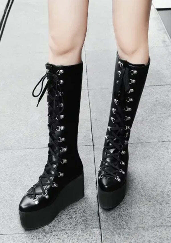 Gothic Rivet Lace-Up Knee High Heels - Y2K Grunge Aesthetic Wedges for Edgy Style