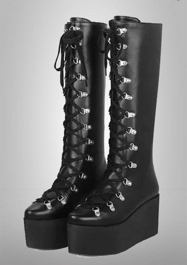 Gothic Rivet Lace-Up Knee High Heels - Y2K Grunge Aesthetic Wedges for Edgy Style