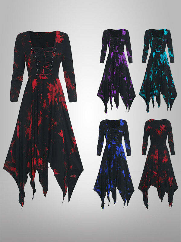 Gothic Tie Dye Print Dress - Y2K Aesthetic, Grunge Style, Coquette Fashion, Cute Outfits
