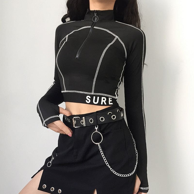 Gothic Zipper Turtleneck Tee - Y2K Grunge Aesthetic Top for Coquette & Dark Academia Styles