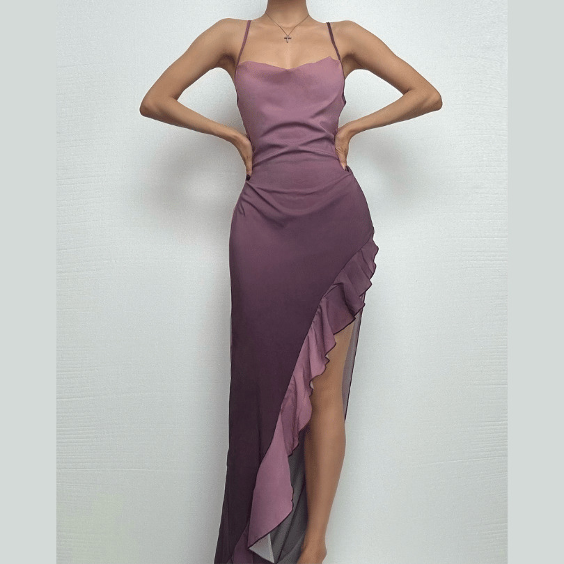 Gradient Cowl Neck Ruffle Cami Maxi Dress - Y2K Aesthetic, Cute & Comfy Fashion