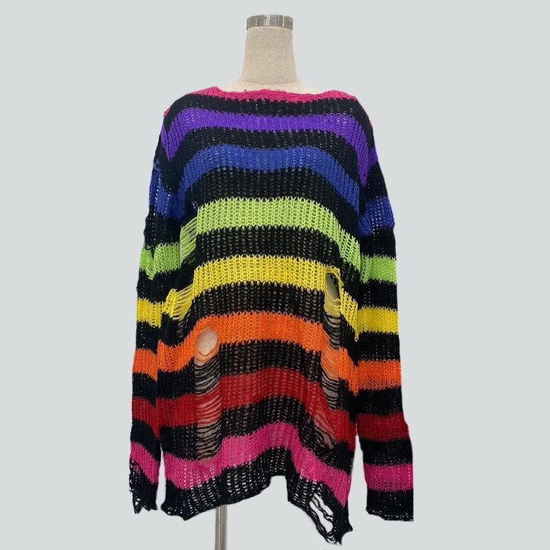 Gradient Hollow Out Striped Long Sleeve Crochet Cut-Out Top - Y2K Coquette Aesthetic Fashion