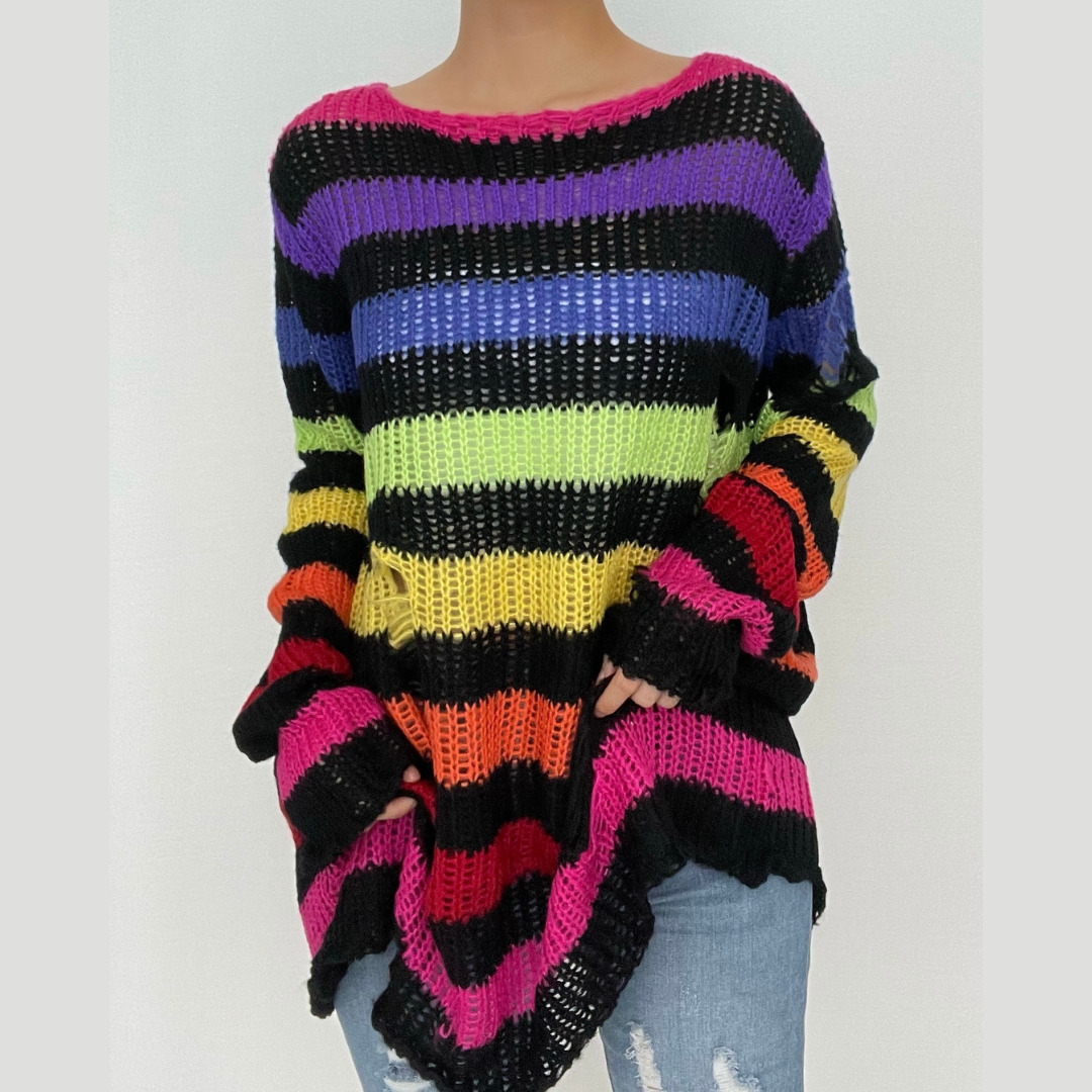 Gradient Hollow Out Striped Long Sleeve Crochet Cut-Out Top - Y2K Coquette Aesthetic Fashion