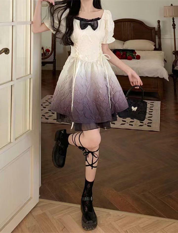 Gradient Lace Trim Bowknot Dress - Y2K Coquette Aesthetic for Cute Date Nights