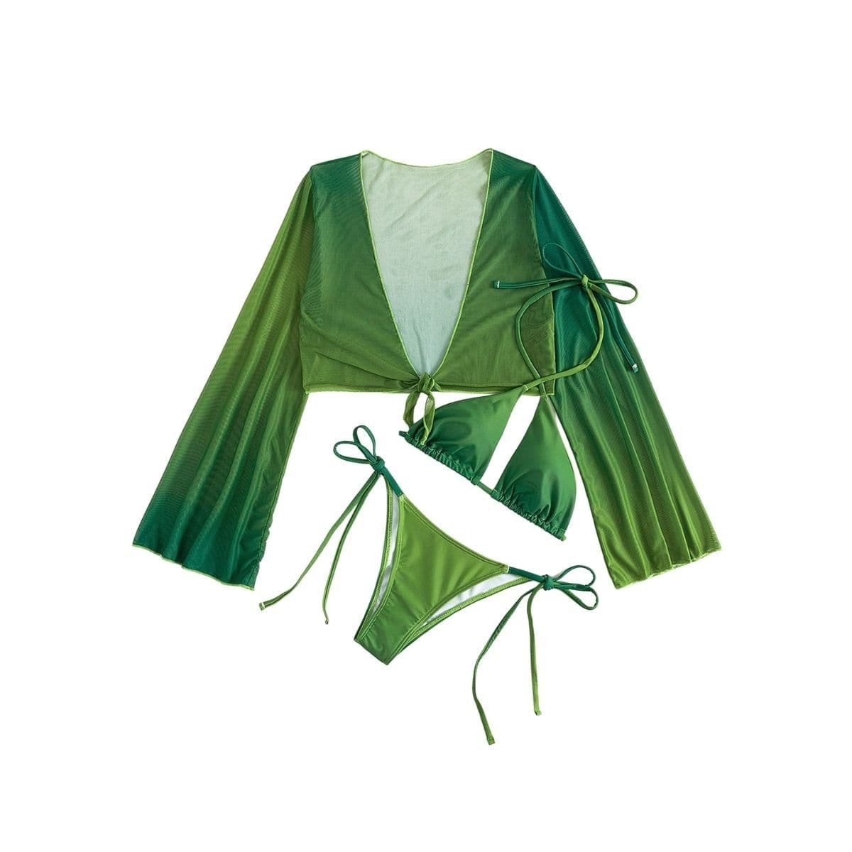 Gradient Mesh Long Sleeve Self-Tie Halter 3-Piece Y2K Swimwear for Coquette & Grunge Aesthetics
