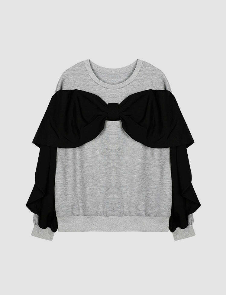 Gray Bow Kont Y2K Sweatshirt - Cute Aesthetic Hoodie for Coquette & Grunge Styles