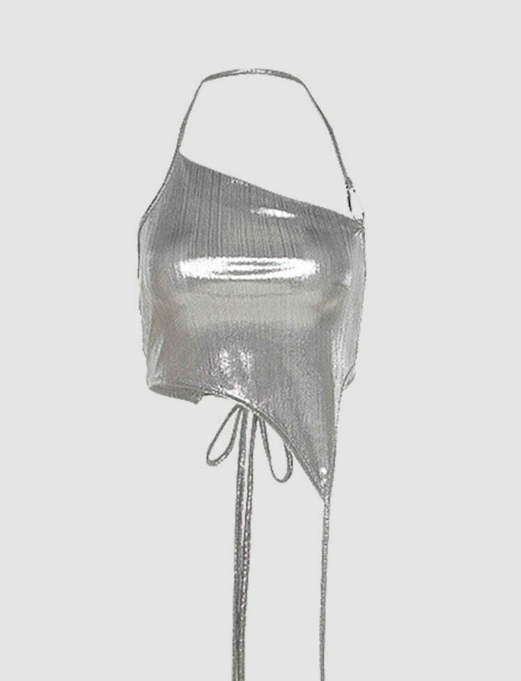 Gray Irregular Knot Back Halter Top - Y2K Aesthetic Cute Crop Top for Coquette & Grunge Styles