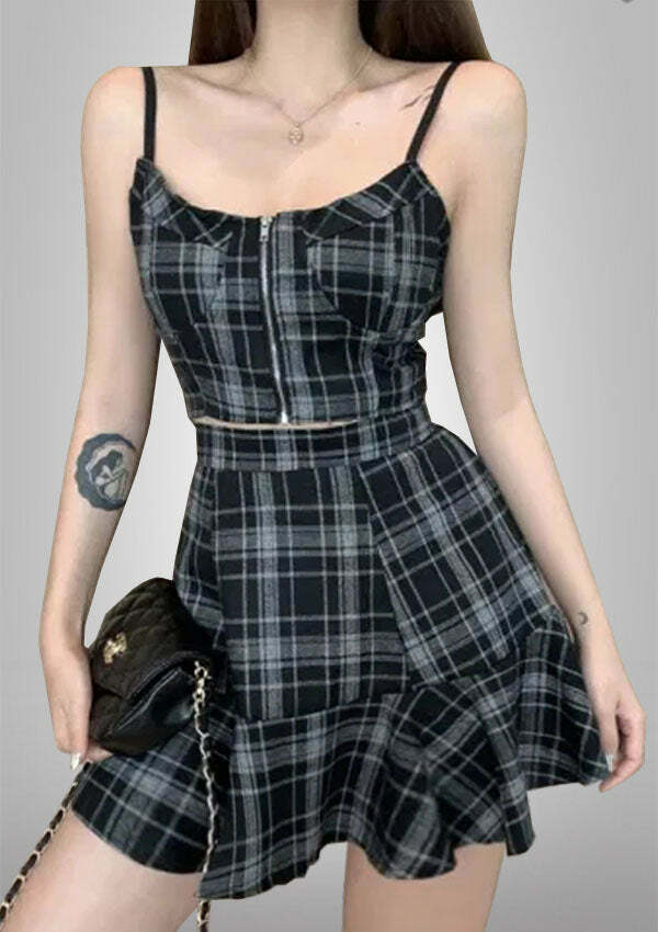 Grey Sweetheart Plaid Y2K Top & Skirt Set - Coquette Aesthetic with Grunge Vibes
