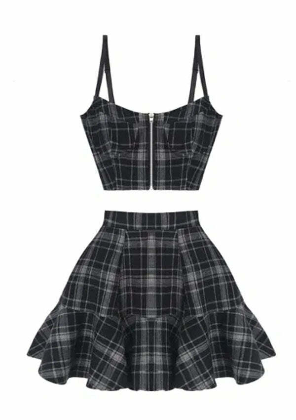 Grey Sweetheart Plaid Y2K Top & Skirt Set - Coquette Aesthetic with Grunge Vibes