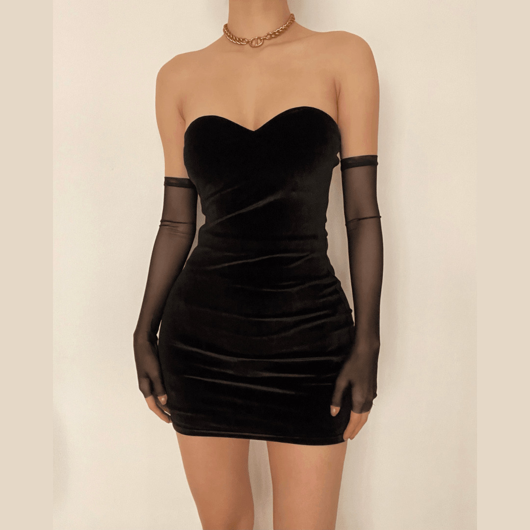 Heart Neck Velvet Dress with Mesh Gloves - Y2K Coquette Aesthetic for Chic Outfits