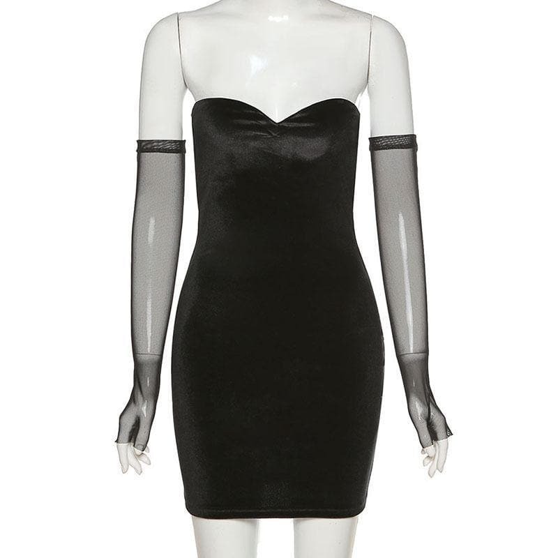 Heart Neck Velvet Dress with Mesh Gloves - Y2K Coquette Aesthetic for Chic Outfits