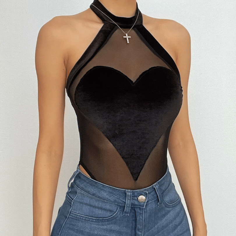 Heart Patchwork Backless Bodysuit - Y2K Aesthetic Mesh Top for Cute Coquette & Grunge Styles
