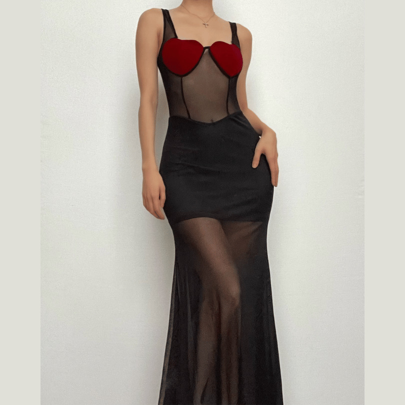 Heart Patchwork Mesh Contrast Backless Maxi Dress - Y2K Aesthetic & Coquette Style