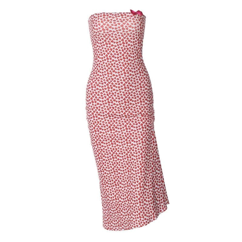 Heart Print Contrast Slit Bowknot Backless Tube Midi Dress - Y2K Coquette Aesthetic Fashion