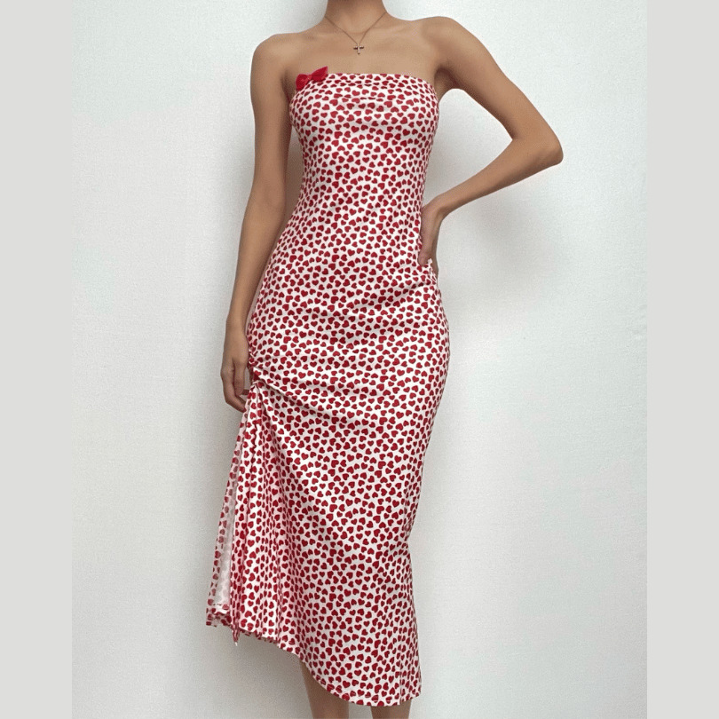 Heart Print Contrast Slit Bowknot Backless Tube Midi Dress - Y2K Coquette Aesthetic Fashion