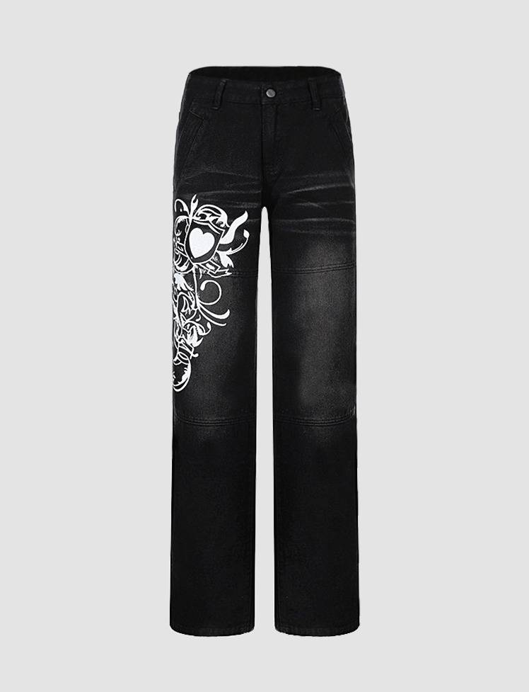 Heart Print High Waisted Y2K Jeans - Cute Grunge Aesthetic Denim for Trendy Outfits