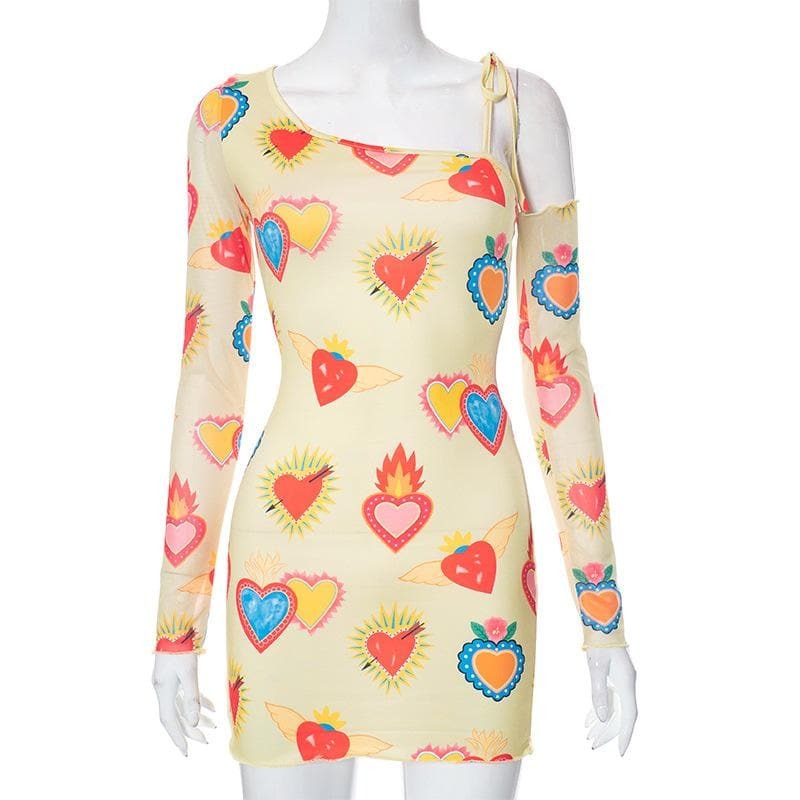 Heart Print Irregular Long Sleeve Mesh Mini Dress - Y2K Aesthetic Cute Top for Grunge & Coquette Styles