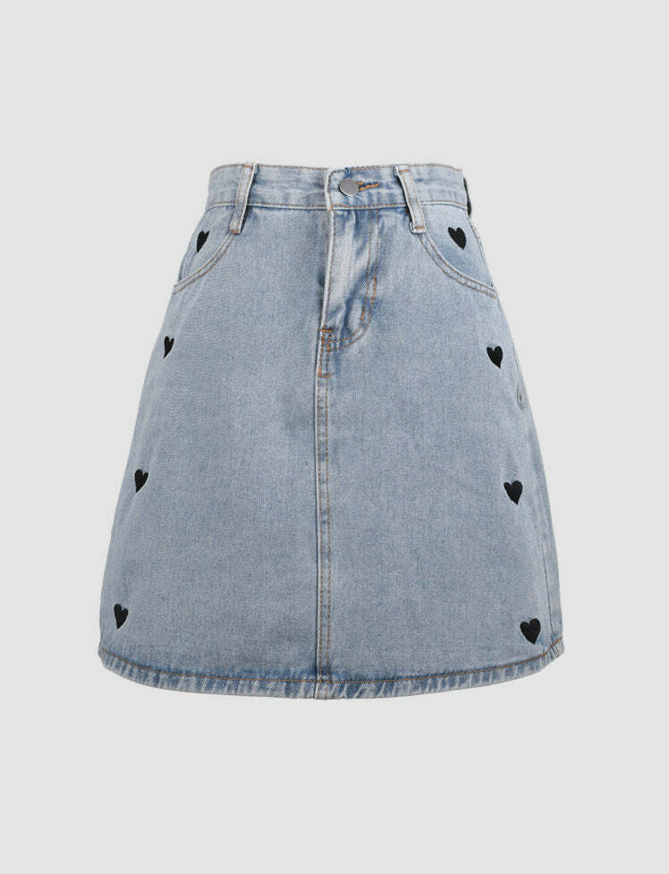 Heart Print Y2K Denim Skirt - Cute Grunge Aesthetic with Coquette Style Vibes